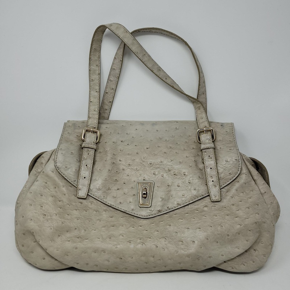 Marc by Marc Jacobs Ostrich Embossed Leather Shoulder Bag Cream Gold Turnlock